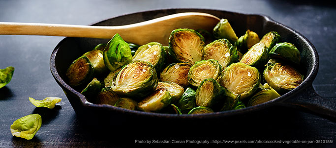 Brussel sprouts in a cast iron skillet